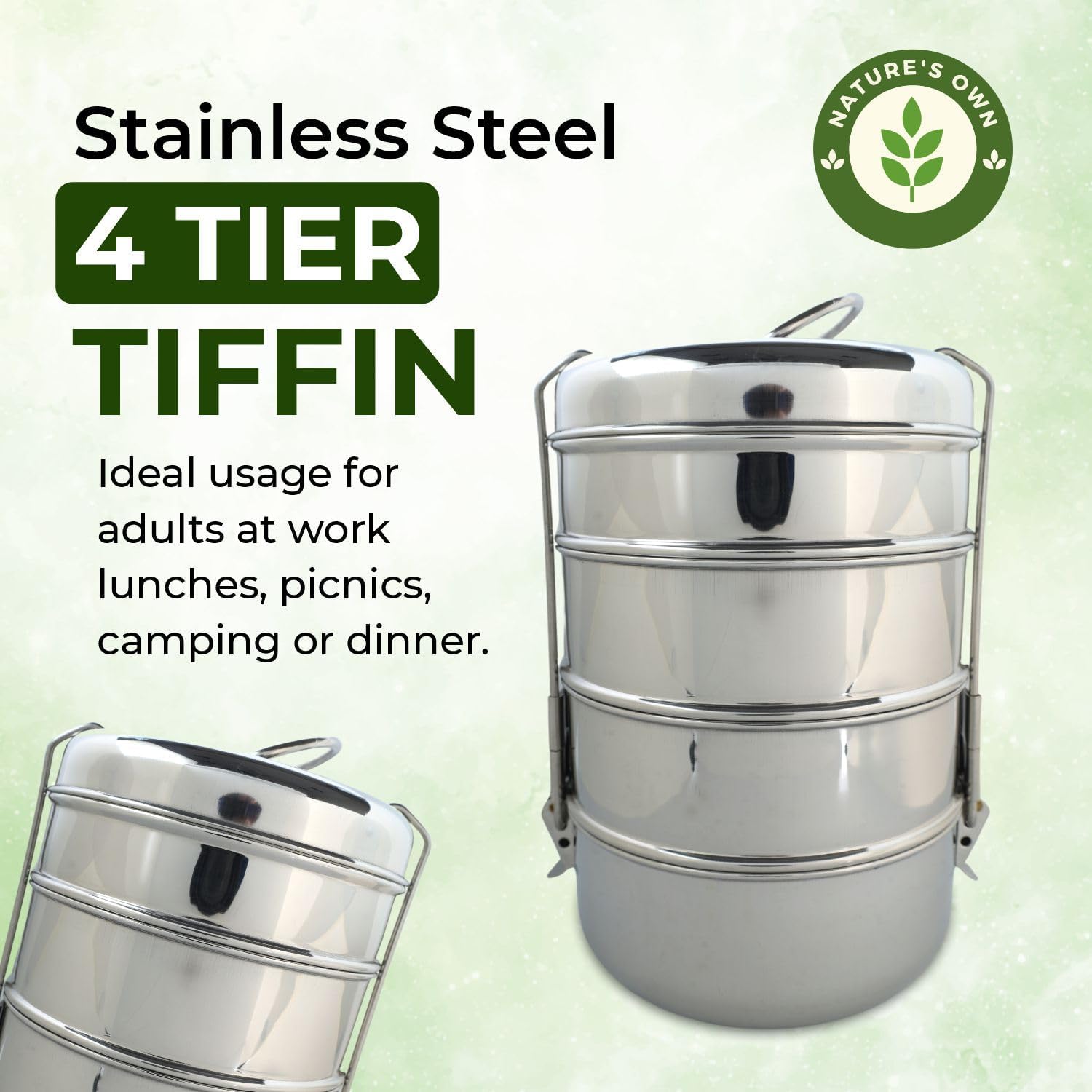 Nature's Own Indian-Tiffin Stainless Steel 4 Tier Large Lunch Box Snack Box/Food Container Airtight Leak Proof 4Compartment Suitable for Office Use, Outdoor Lunches/Dining - Image 3