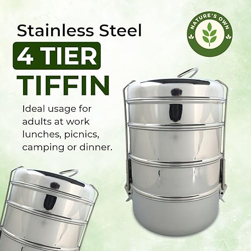 Miniatura 3 de Nature's Own Indian-Tiffin - Lonchera grande de acero inoxidable de 4 niveles, contenedor de alimentos, hermético, a prueba de fugas, 4