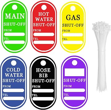 Shut Off Valve Tags, 24 Pack Plastic Valve Identification Tags with Rope, 2.5 x 5 Inch Main, Gas, Water & Hose Bib Shut Off Labels, Plumbing Pipe ID Tags for Rental Property, Realtor & Home Use