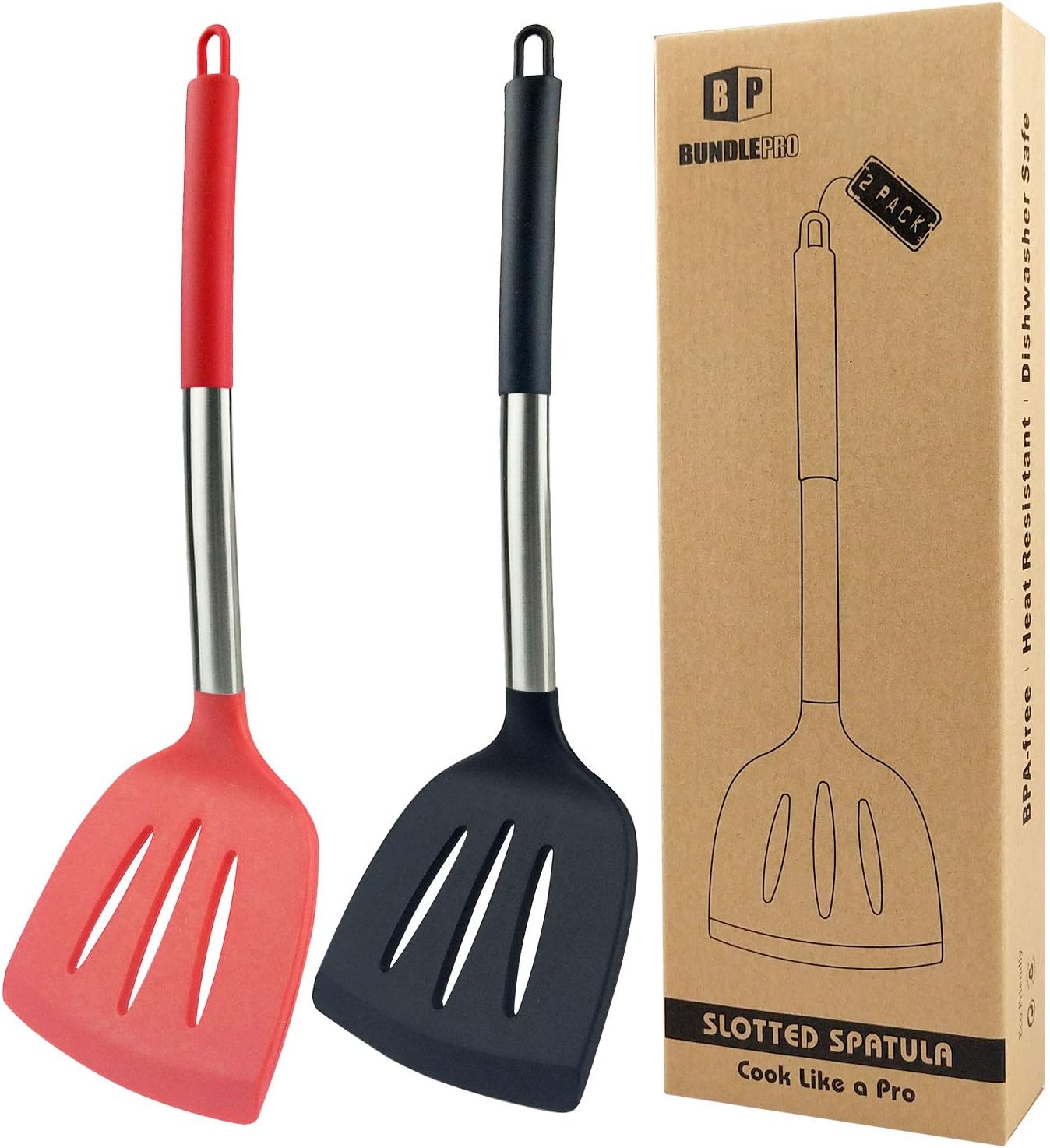 Pack of 2 Silicone Spatula, Non Stick Solid Kitchen Turner, High Heat Resistant BPA Free Cooking Slotted Spatulas, Ideal Cookware for Fish Eggs Pancakes (Large Slotted Spatula-Black-Red)