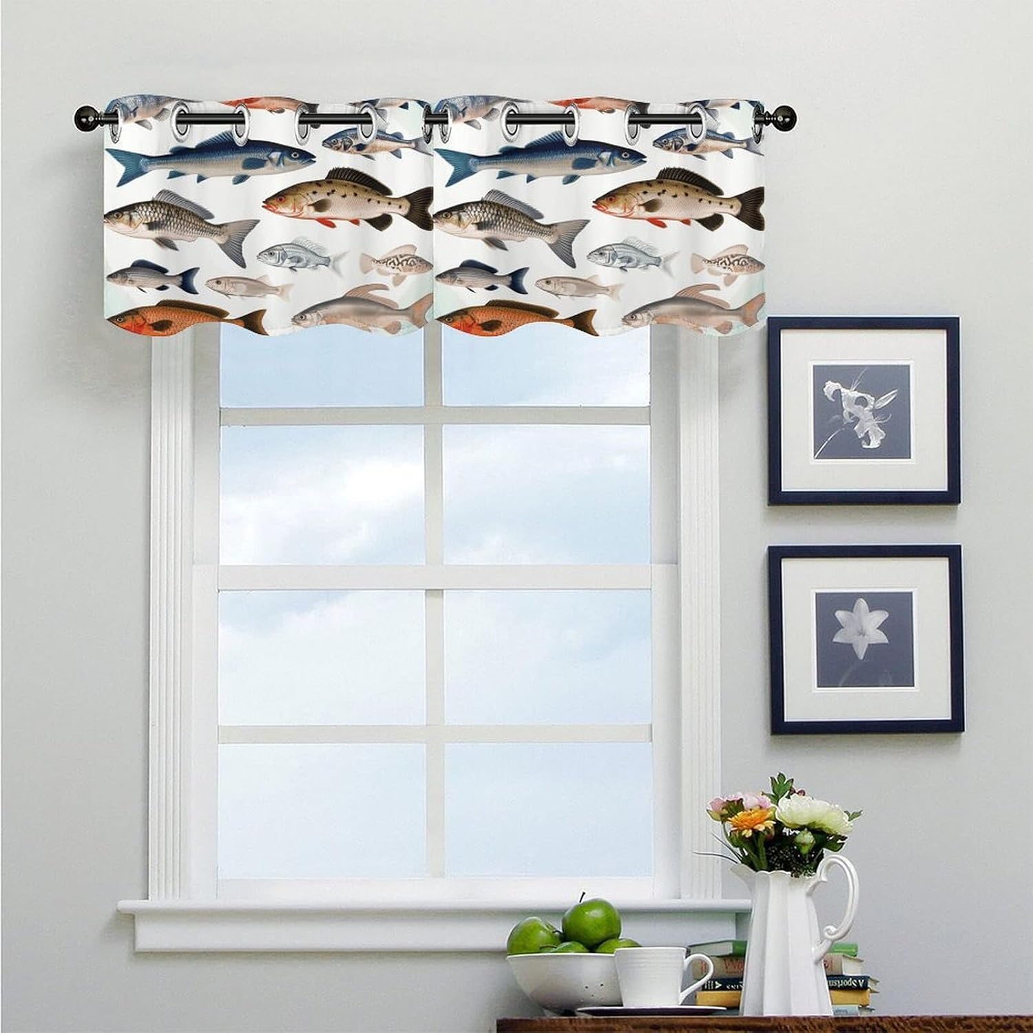 Different Fish Curtain 2 Panels, Polyester Fiber, Blackout Insulated Window Curtain, Curtain Valance for Kitchen Dining Room Living Room Cafe Small Window 52 * 18.1 Inches