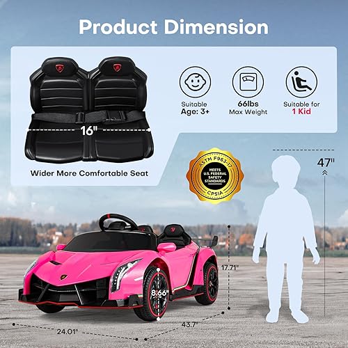 Miniatura 7 de TEOAYEAH Lamborghini Veneno Roadster con licencia de 12 V, con control parental, batería de 12 V7Ah, juguete eléctrico con puertas hidráulicas, modo