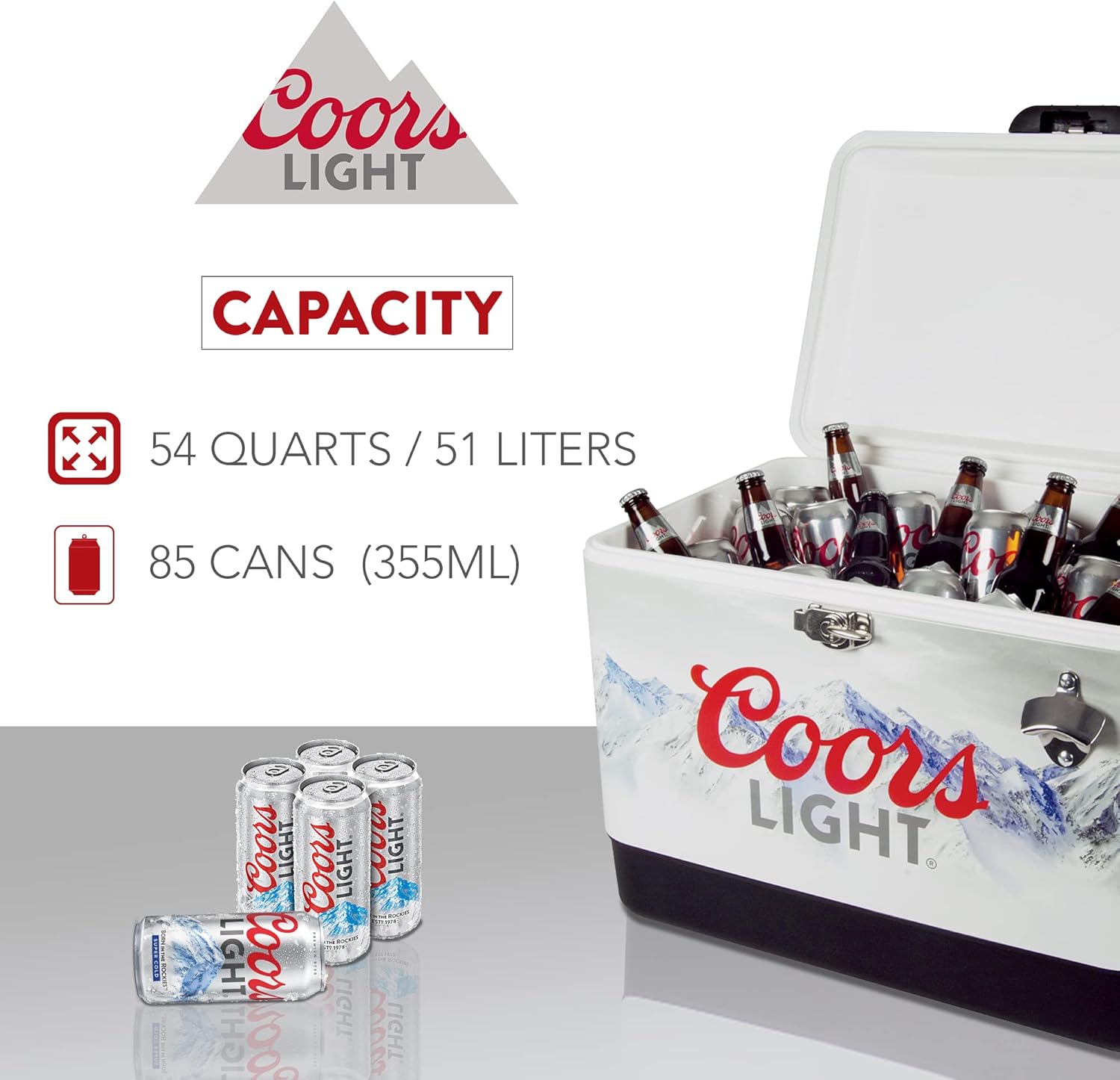Coors Light Ice Chest Cooler - Portable Ice Bucket with Bottle Opener, Vintage Style, Insulated for Camping, Beach, Picnic, RV, BBQs, Tailgating, Fishing, Steel-Belted 85 Can Ice Box, 51L (54 qt)