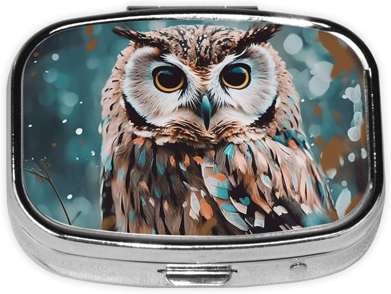 Small Pill Box Portable Pill Case 2 Compartment Metal Pill Vitamins Holder Organizer Cute Animal Cute Owl Travel Pillbox for Purse Pocket