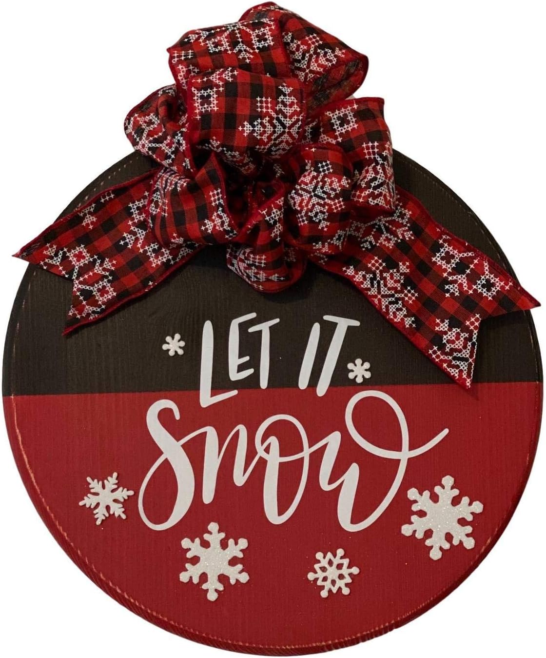 Let It Snow - Red Black Buffalo Plaid- Wooden 12” Round - Christmas Winter - Door Sign Wreath - Housewarming Gift