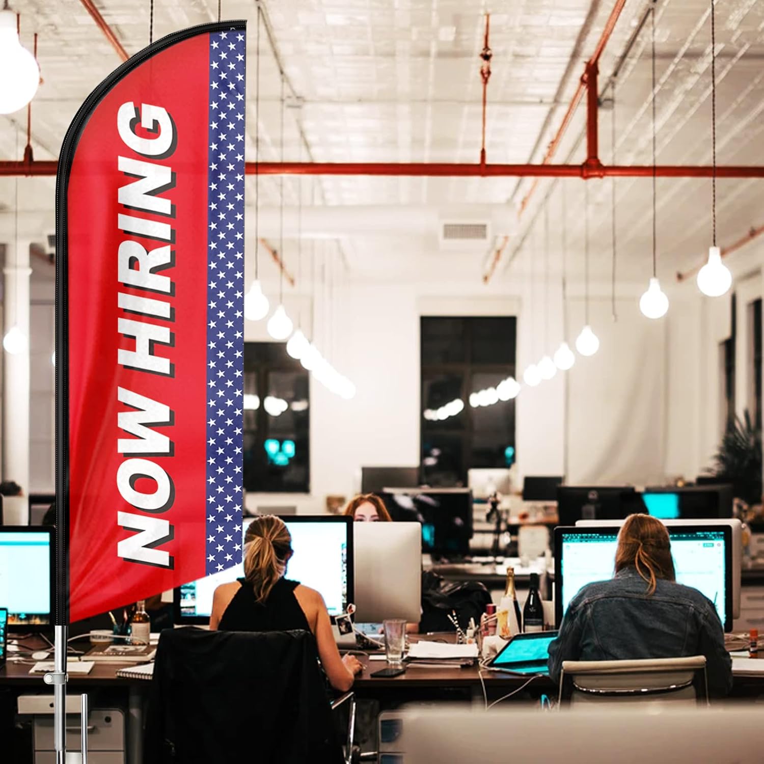 Now Hiring Feather Banner, Advertising Swooper Flag Pole Kit and Ground Stake, Business Signs 11 Feet (Red)