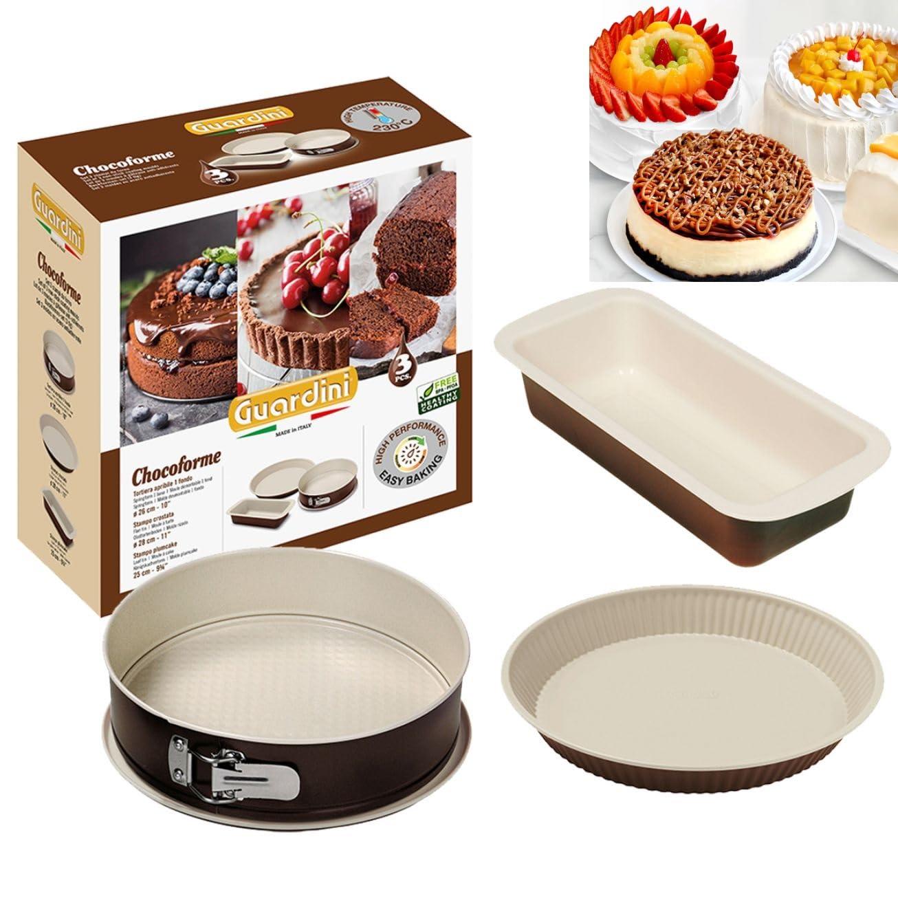 Guardini Le Chocoforme 4223000737 3-Piece Cake Tin Set of Springform Tins with Basic Tin 26 cm Loaf Tin 25 cm and Flan Tin 28 cm