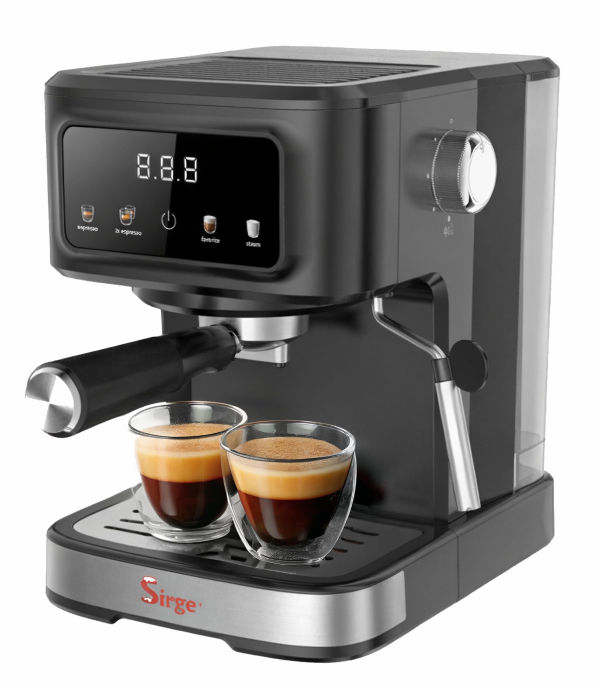 Sirge Macchina Caffè Espresso 20 Bar Digitale 3 Filtri | Cappuccino, Cialde ESE44 e Macinato, Display AutoStop