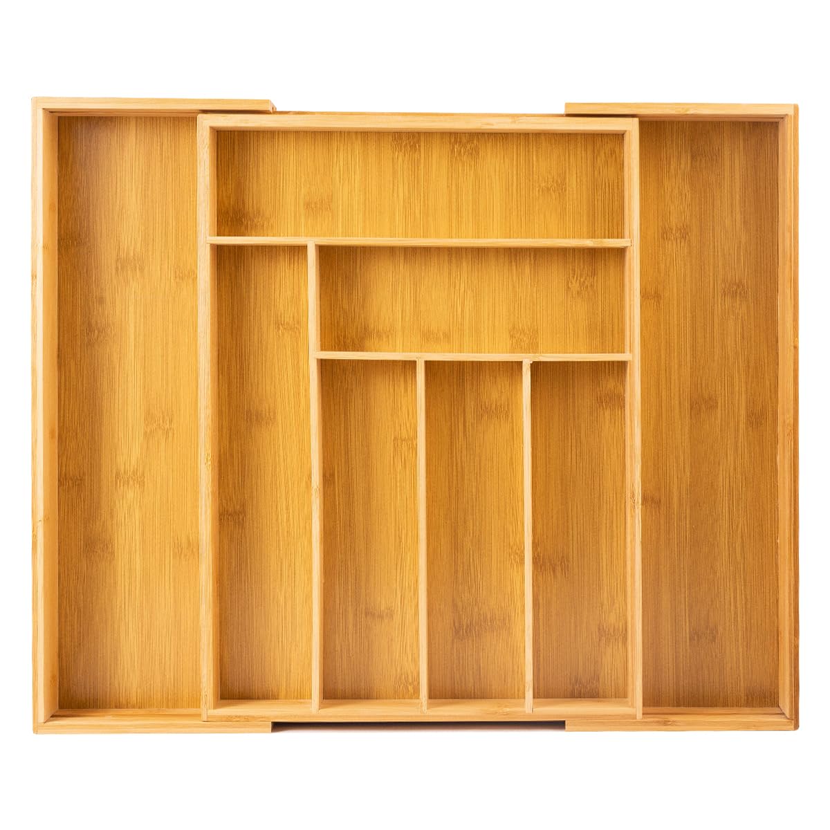 Organizador de cubiertos de bambú de lujo para cajones, extensible, 33 a 52 x 43 x 5 cm, 6 a 8 compartimentos, organizador de cubiertos, organizador de cajón para cucharas, tenedores