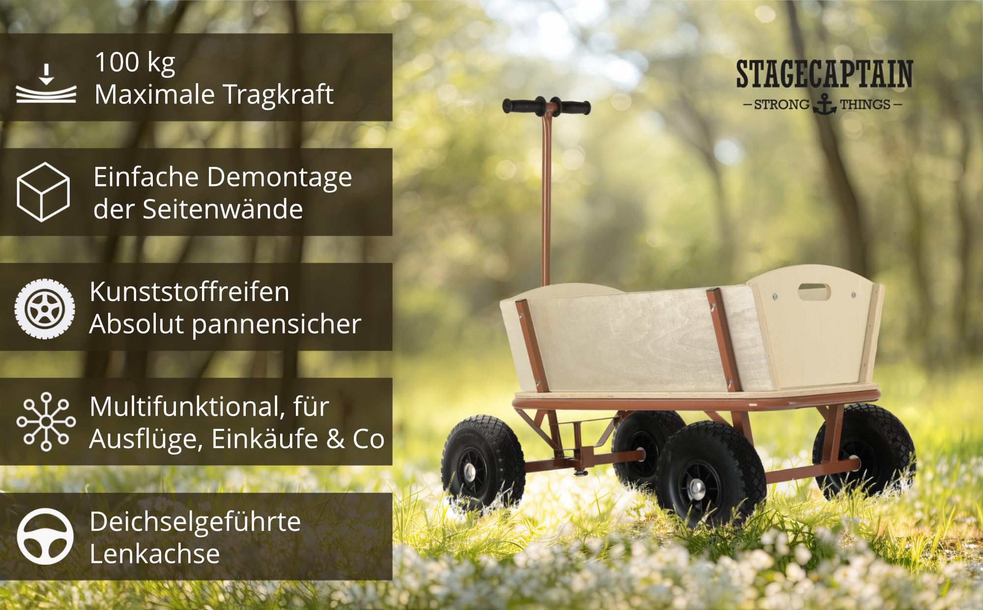 Stagecaptain Bollerwagen Holz im Wild Western Style - Handwagen mit Dach für Sonne und Regen - Lenkbare Vorderachse & Deichsel aufrecht fixierbar - Robuste Profilreifen aus Hartplastik