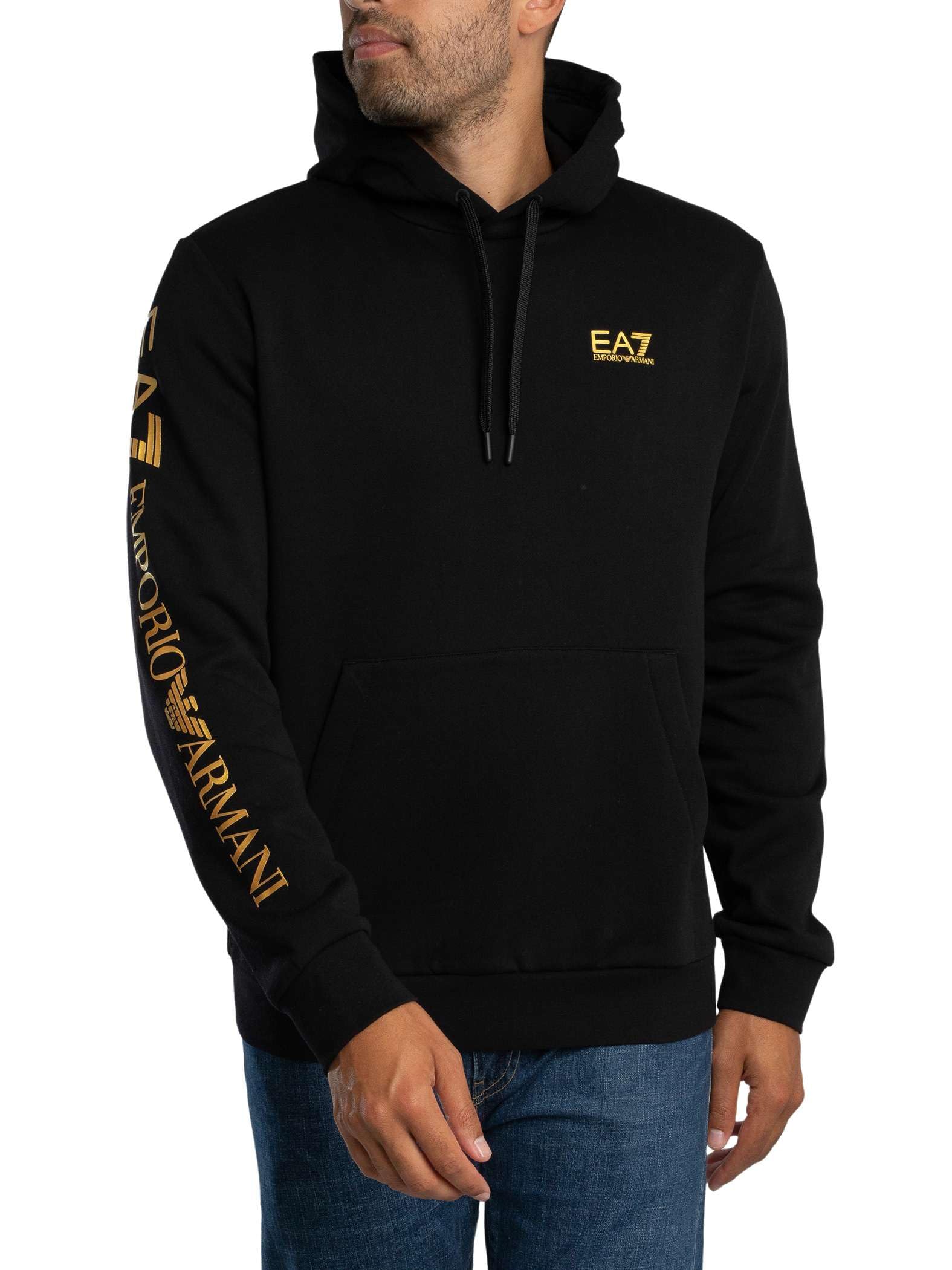 Ea7 Men's Black/Gold Logo Sleeve Pullover Hoodie, L
