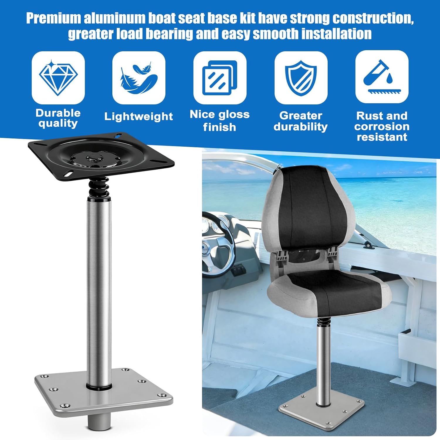 13 in Marine Boat Seat Pedestal Base Mount Kit - Includes 3/4" Lock-in Pin Post & 7"x7" Mount Plate for Pontoon, Fishing & Bass Boats