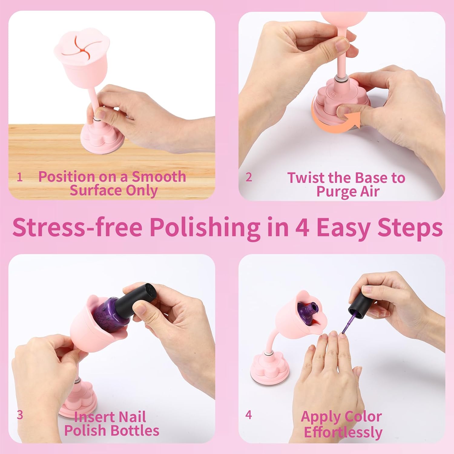 Nail Polish Bottle Holder, Rose-Shaped with 360° Rotating Stem, Tilted for No-Spill, Strong Suction Cup, All-Bottle Fit (3-Pack Pink/Black/Blue)