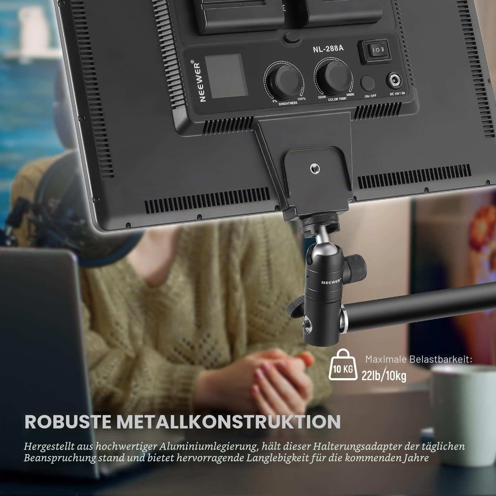 NEEWER Lichtstativ-Adapter mit Kaltschuh, 6,35 mm (1/4 Zoll) Mini-Kugelkopf, wendbare Montageplatte für Kamera-Monitor-Ringlicht, passend für Flachkopf/Galgenarm/C-Ständer, maximale Traglast 10 kg, 2