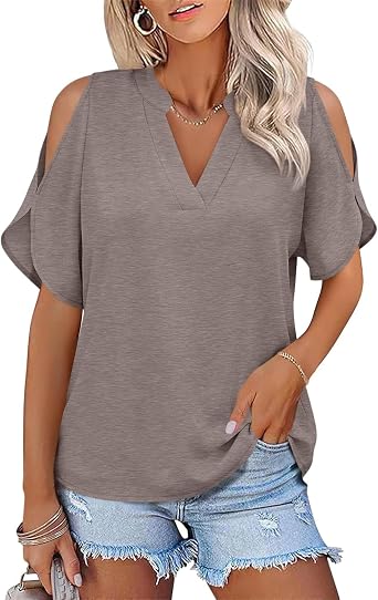 Womens Cold Shoulder V Neck Short Sleeve Top Loose Fit Casual Summer Blouse Dressy Tee Shirts