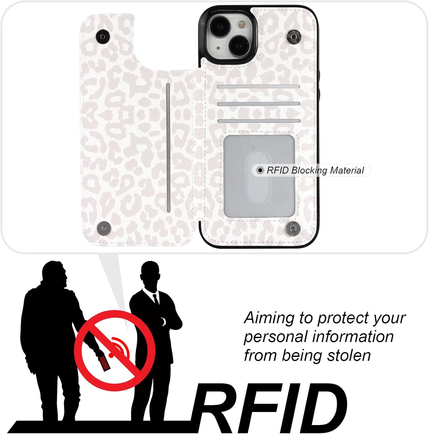 HAOPINSH iPhone 15 Plus Case Wallet - Flip Folio PU Leather Kickstand Card Slots Case for Women Girls, Double Magnetic Clasp, White Leopard Cheetah Pattern, 6.7 - Image 4