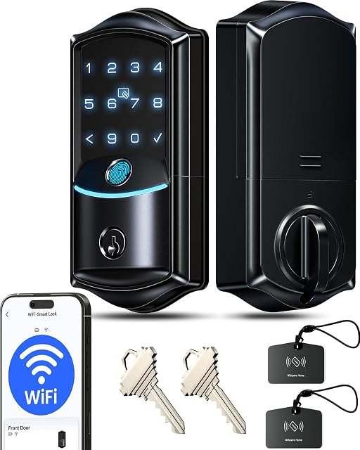 Veise VE027 Serrure intelligente Wi-Fi intégrée, Serrures de porte avant sans clé d'empreinte digitale, Télécommande d'application & Contrôle de la voix, aucun Hub nécessaire, clavier d'écran tactile Deadbolt, IP65 Imperméable, BHMA Classe 3, Noir mat