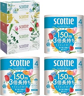 【スコッティ】ティシュー フラワーボックス 250組(5箱パック×1セット)+フラワーパック 3倍長持ち(4ロール(シングル)パックx3セット)ティッシュ トイレットペーパー 日用品