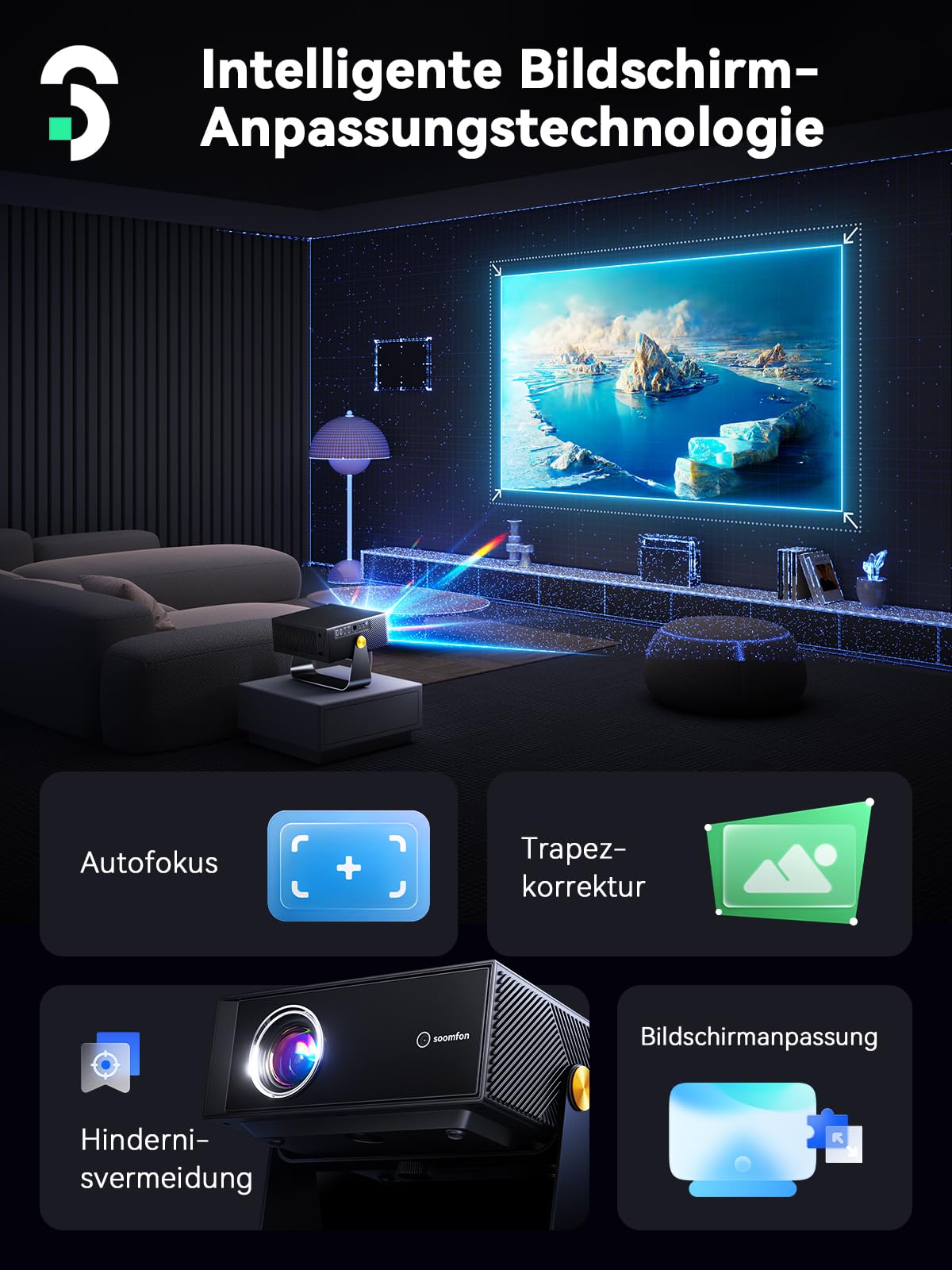 SOOMFON Smart Beamer 4K Heimkino Mini Projektor Autofokus Trapezkorrektur WiFi Bluetooth