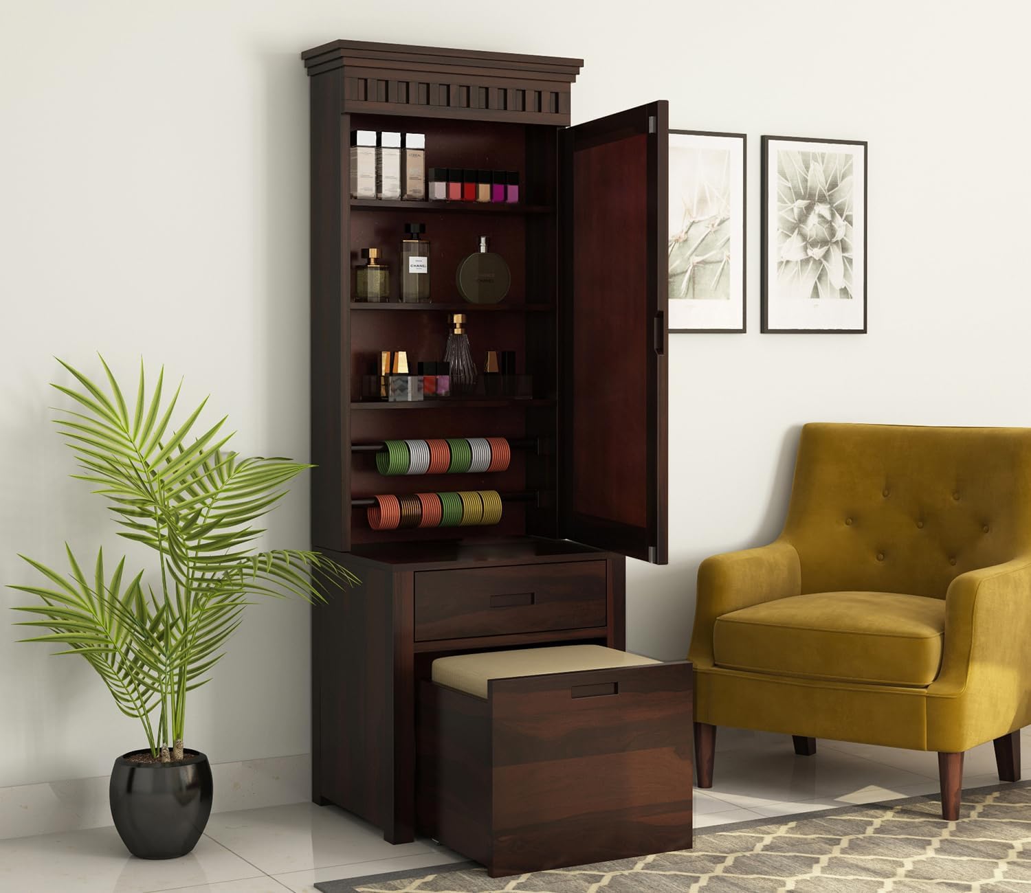 Wooden Dressing Table with Mirror Storage || Wood Dressing Table with Stools || Dressing Table with Drawer & Shelve || Makeup Table Vanity Dressing Table Bedroom Furniture || Walnut Finish-image-28