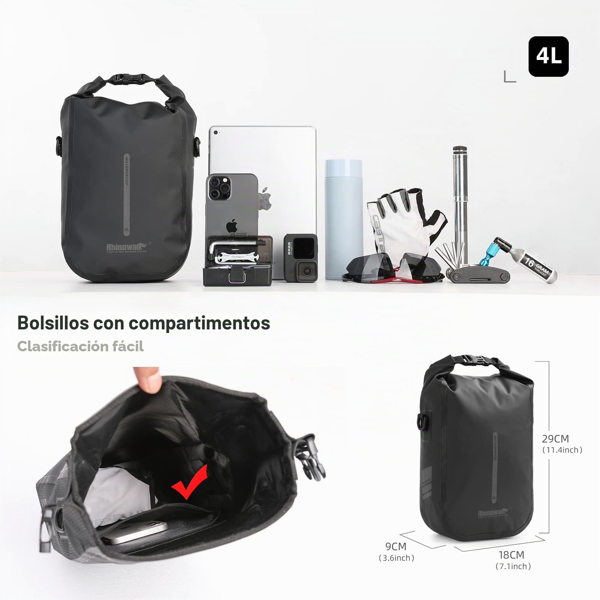 Rhinowalk Bolsa para Horquilla Delantera de Bicicleta, Impermeable, 4-6 L, Bolsa Seca de liberación rápida para Ciclismo, Turismo