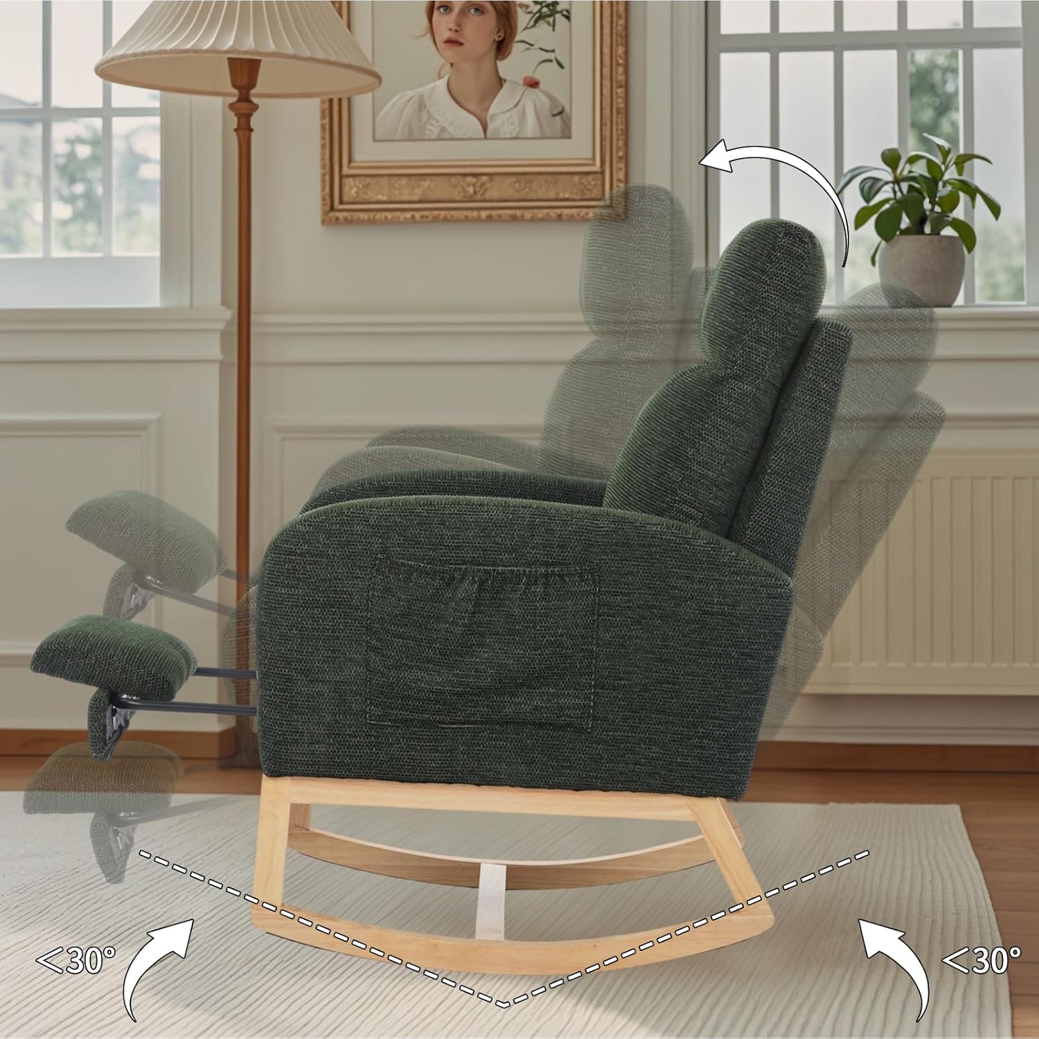 Nursery Rocking Chair with Adjustable Footrest for Living Room - Teddy Fabric, Solid Wooden Legs, Comfortable Lounge Armchair with High Backrest and Side Pockets (Contemporary, Dark Green-1 line)