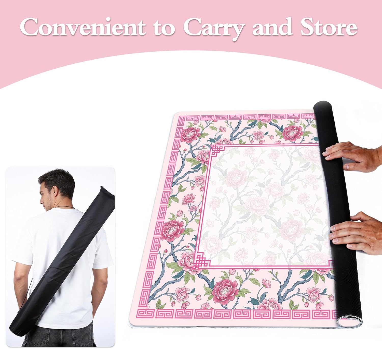 Mahjong Mat for Table - Pink and Green Chinoiserie Mah Jong Mats with Carrying Bag 31.5''x31.5'' Rubber Tablecloth Non-Slip Noise Reducing Portable Board Games Accessories Lover Player Gift