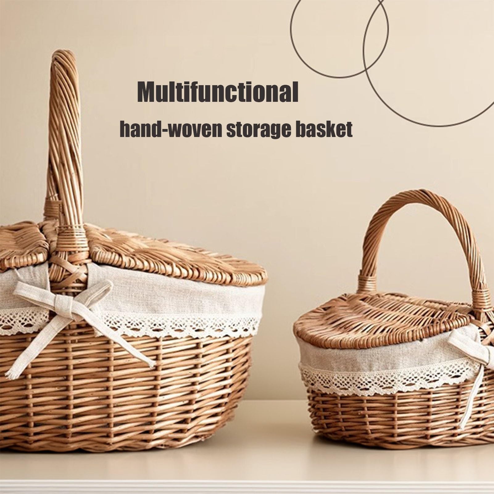 Genérico Cesta de Mimbre para Picnic con Tapa y Asas, Cesta de Mimbre Hecha a Mano con Forro, Pequeñas cestas de Mimbre para Picnic,Exterior,Camping(S)