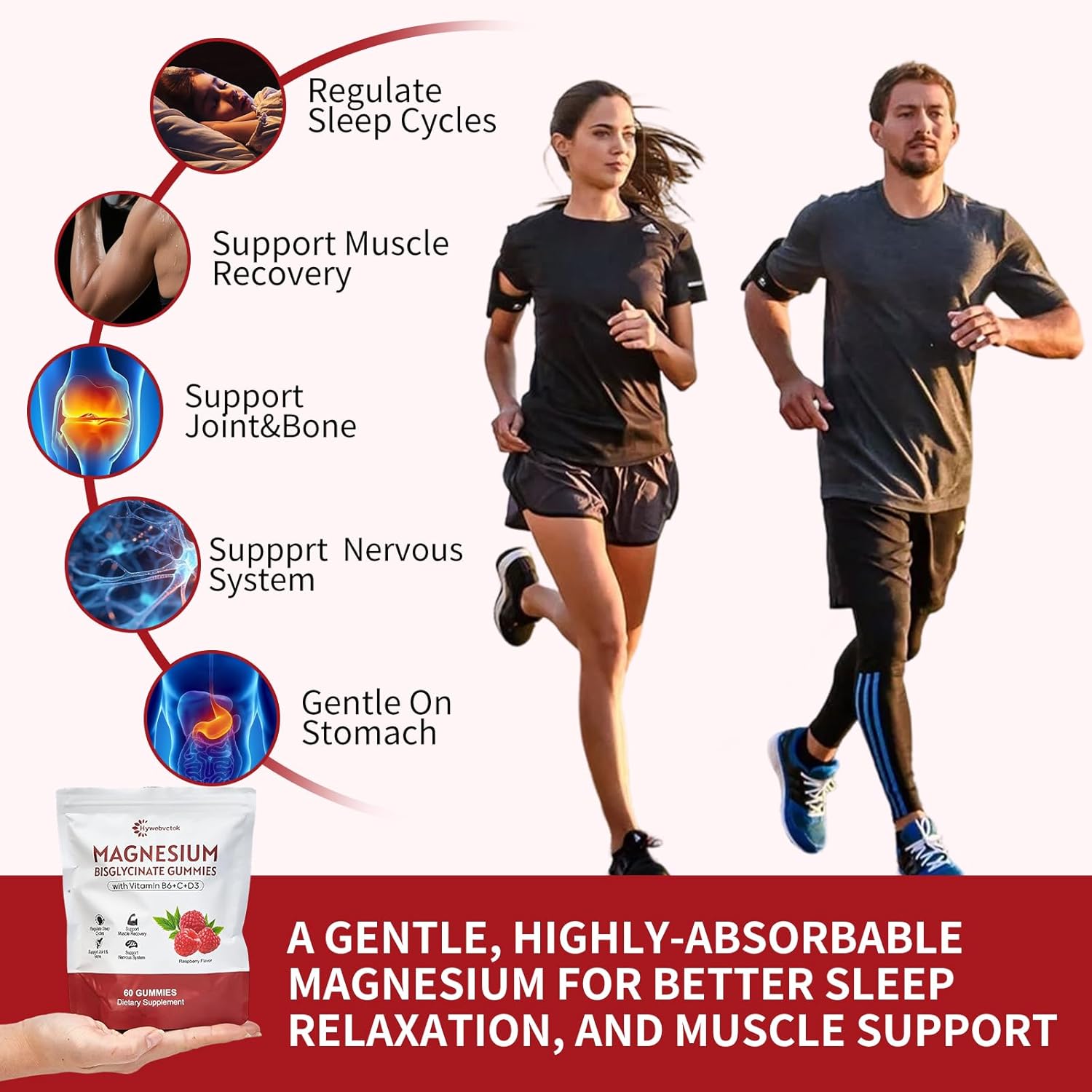 Hywebvctok 400mg Magnesium Bisglycinate Gummies with Vitamin B6, C, D3, Promotes Muscle & Nerve Function, Relaxation & Wellness, Raspberry Flavor, 60 Count