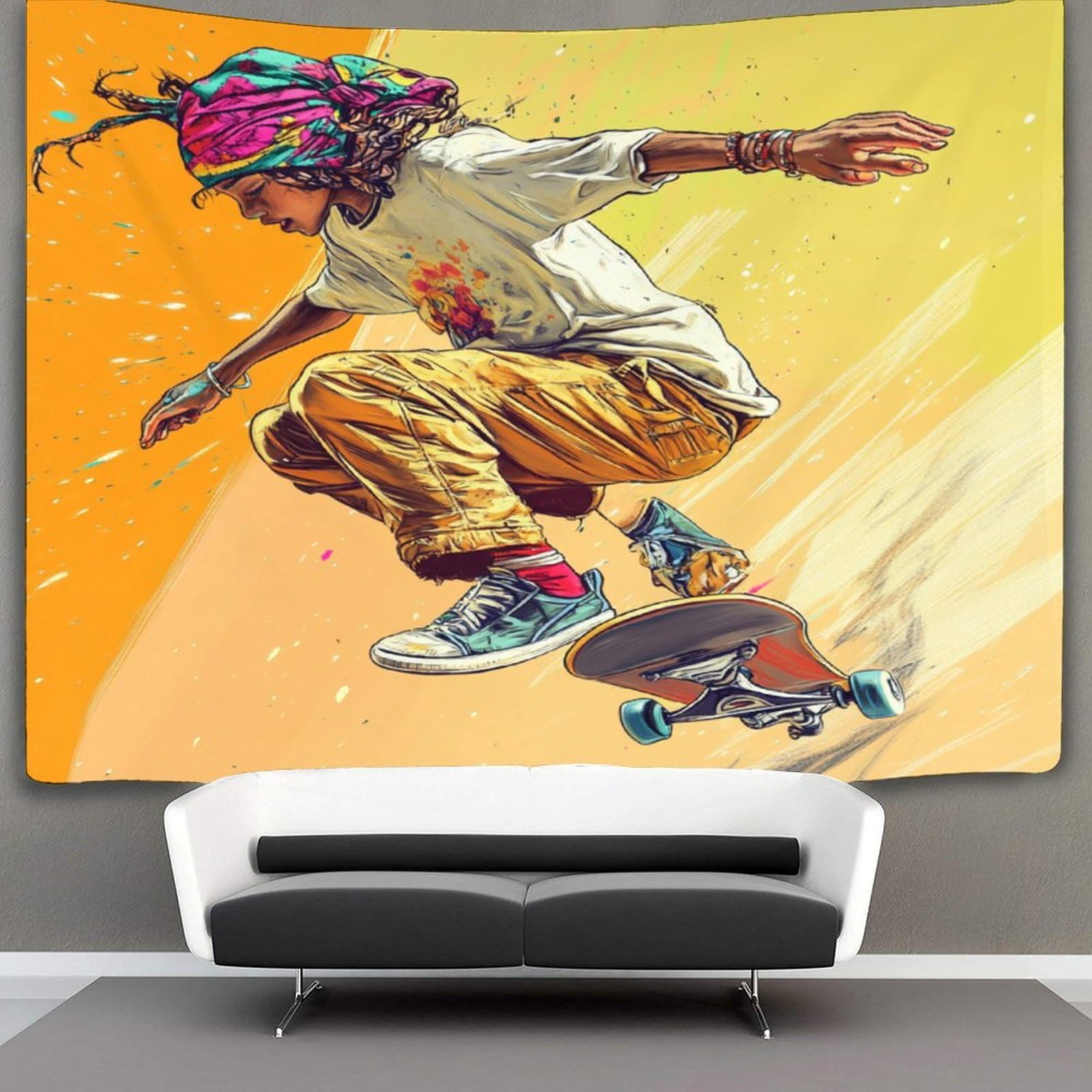 kaiyun Enfants Jouant Au Skateboard Decor Tapestry,Une Touche De Couleurs Wall Art Tapestries Wall Hangings for Living Room Bedroom Dorm 70cmx100cm
