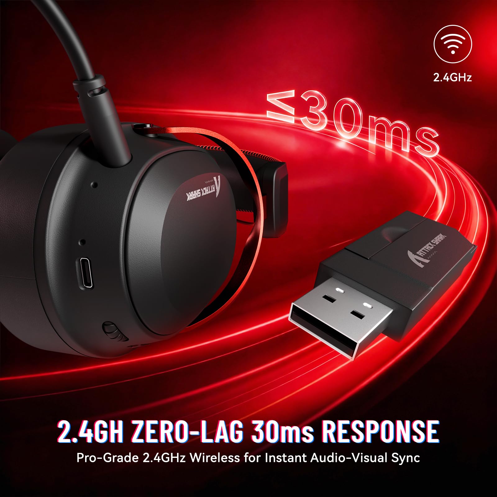 ATTACK SHARK L30PRO Auriculares Gaming Inalámbricos, Sonido Surround 7.1 Drivers 50mm, 3 Modos 2.4G/BT 5.3/Cable con Micro Desmontable para PC/PS/Xbox/Switch, 84H de Juego-Negro Rojo