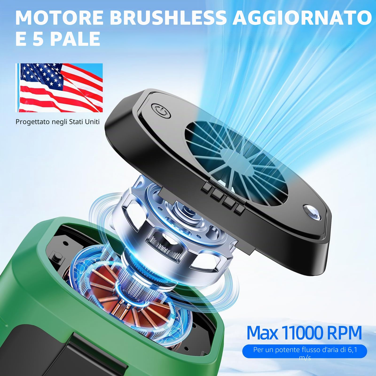 Zeadio - Ventilatore portatile con clip per cintura, 3 velocità, 10000 mAh, indossabile come collana, senza mani, con funzione di illuminazione per vampate di calore, per casa, ufficio, viaggi, sport
