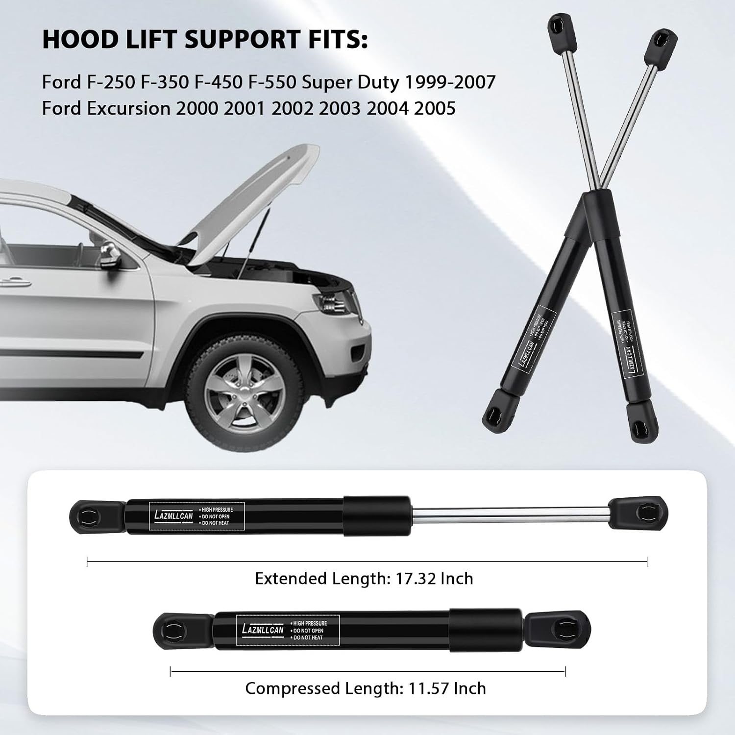 2Pcs Front Hood Lift Supports Shock Struts for 1999-2007 Ford F250 F350 F450 F550 Super Duty, 2000-2005 Excursion, Compressed Length 10.75 Inch, Replace OE# F81Z16C826AA PM2050 SG304061 4339 SG304029