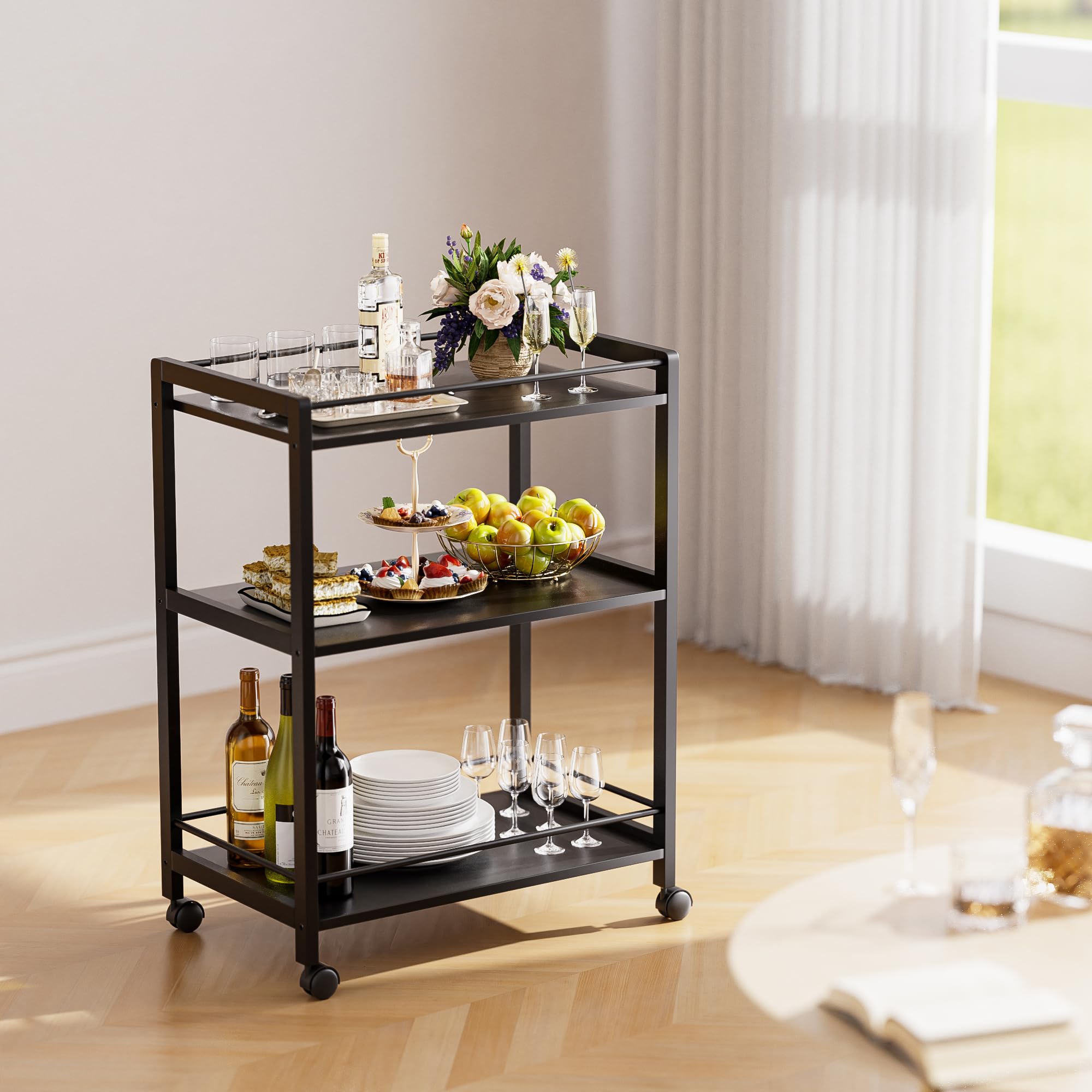 HITNET Carrito de Bar, Carro Bebidas de 3 Niveles, Carrito Auxiliar de Servicio con Ruedas, Ideal para Cocina, Baño y Oficina, Color Negro