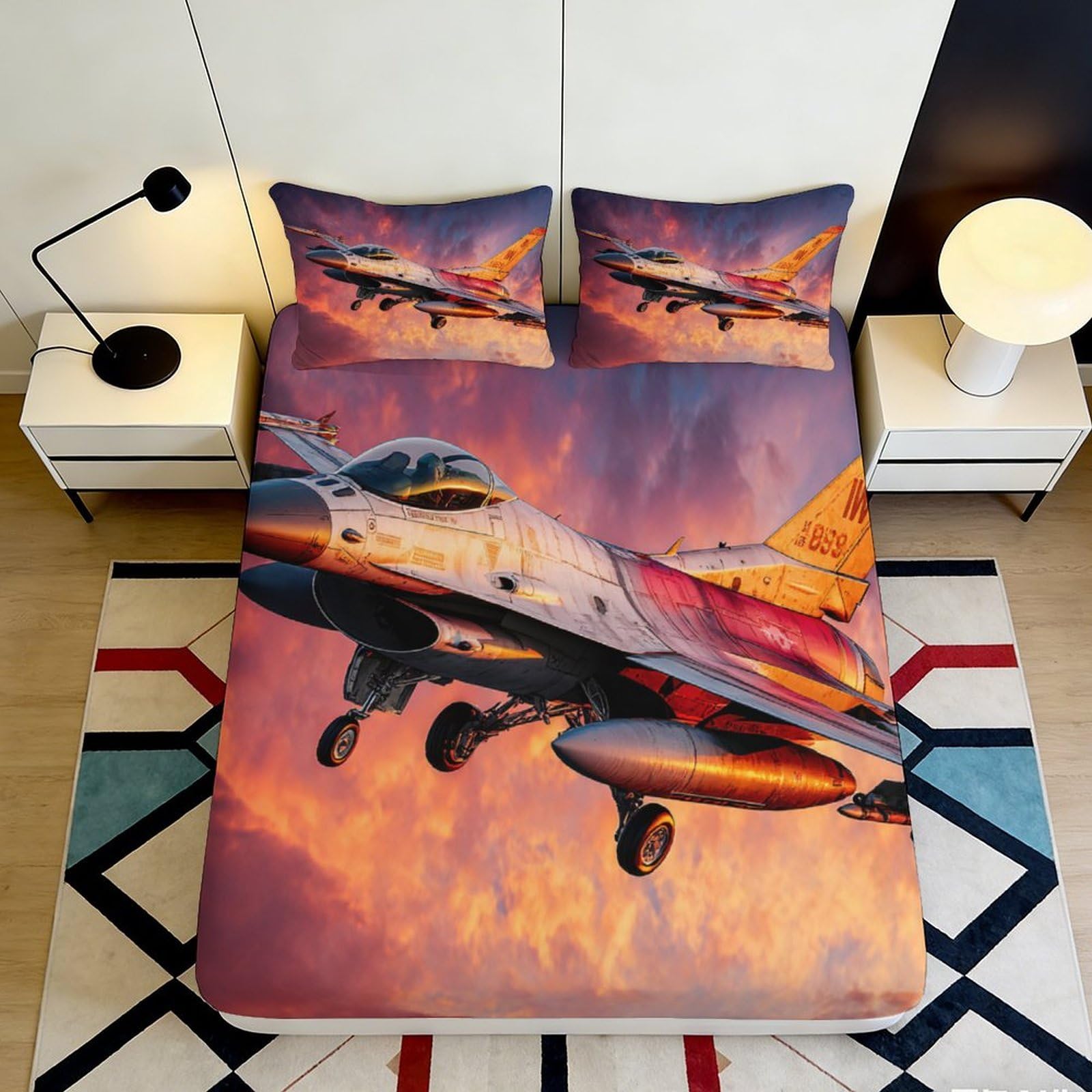 3D Printed Fighter Jet Sunset Fitted Sheet Microfiber Soft Art Bedroom Bed Cover for Home Dorm Decor 90x200x25cm