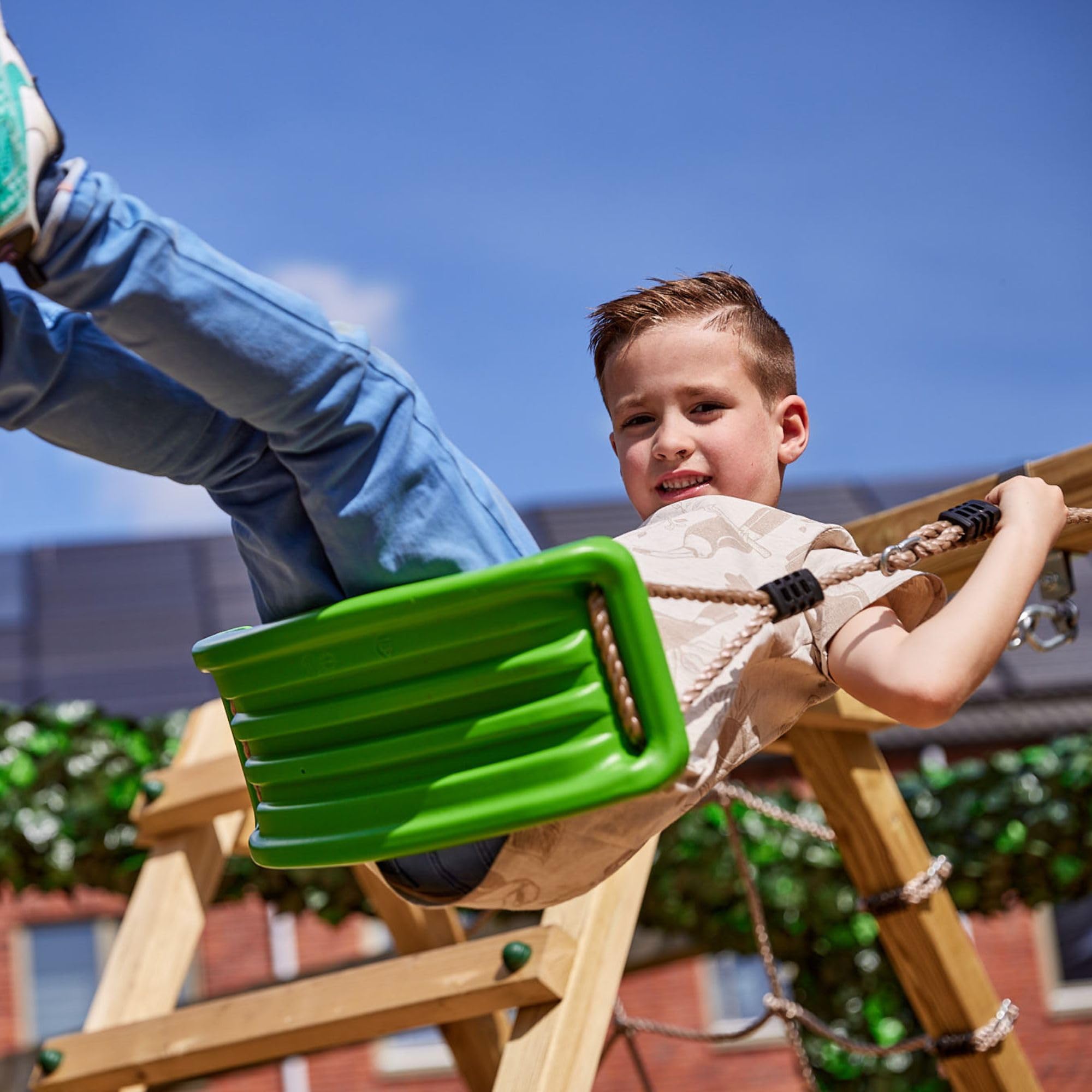 WICKEY Kinderschaukel Schaukelgestell Smart Hike blau - Schaukel & SurfSwing, Schaukelgerüst, Doppelschaukel, Holzschaukel mit Kletteranbau für Kinder im Garten
