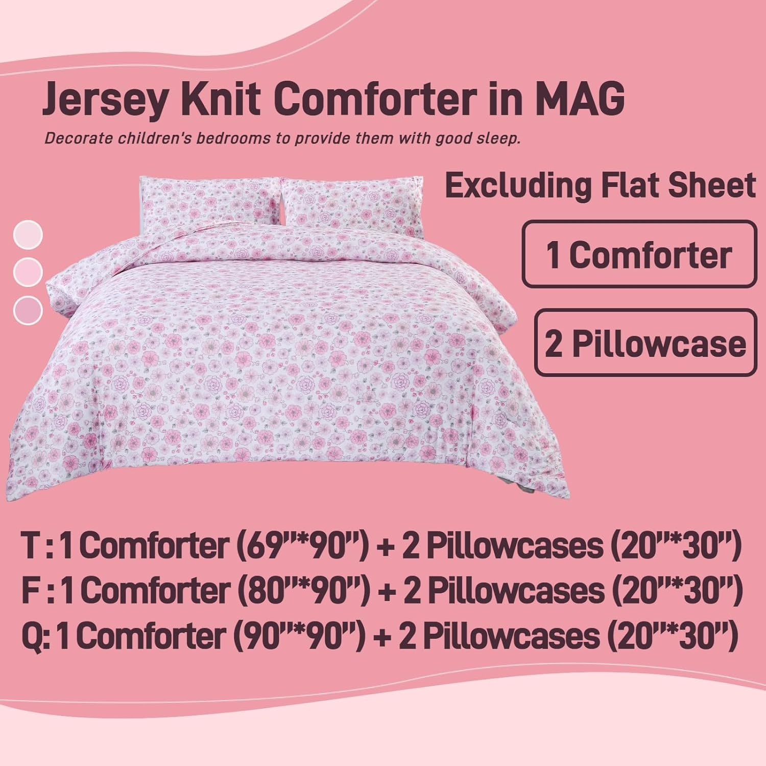 3Pcs Twin Size Floral Microfiber Jersey Knit Comforter Set,Pink Flower Bedding Comforter set Twin Size,Soft Cooling Bed Set,with 1*comforter and 2*Pillowcases,Best Home Decor Gift for Girls and Women.