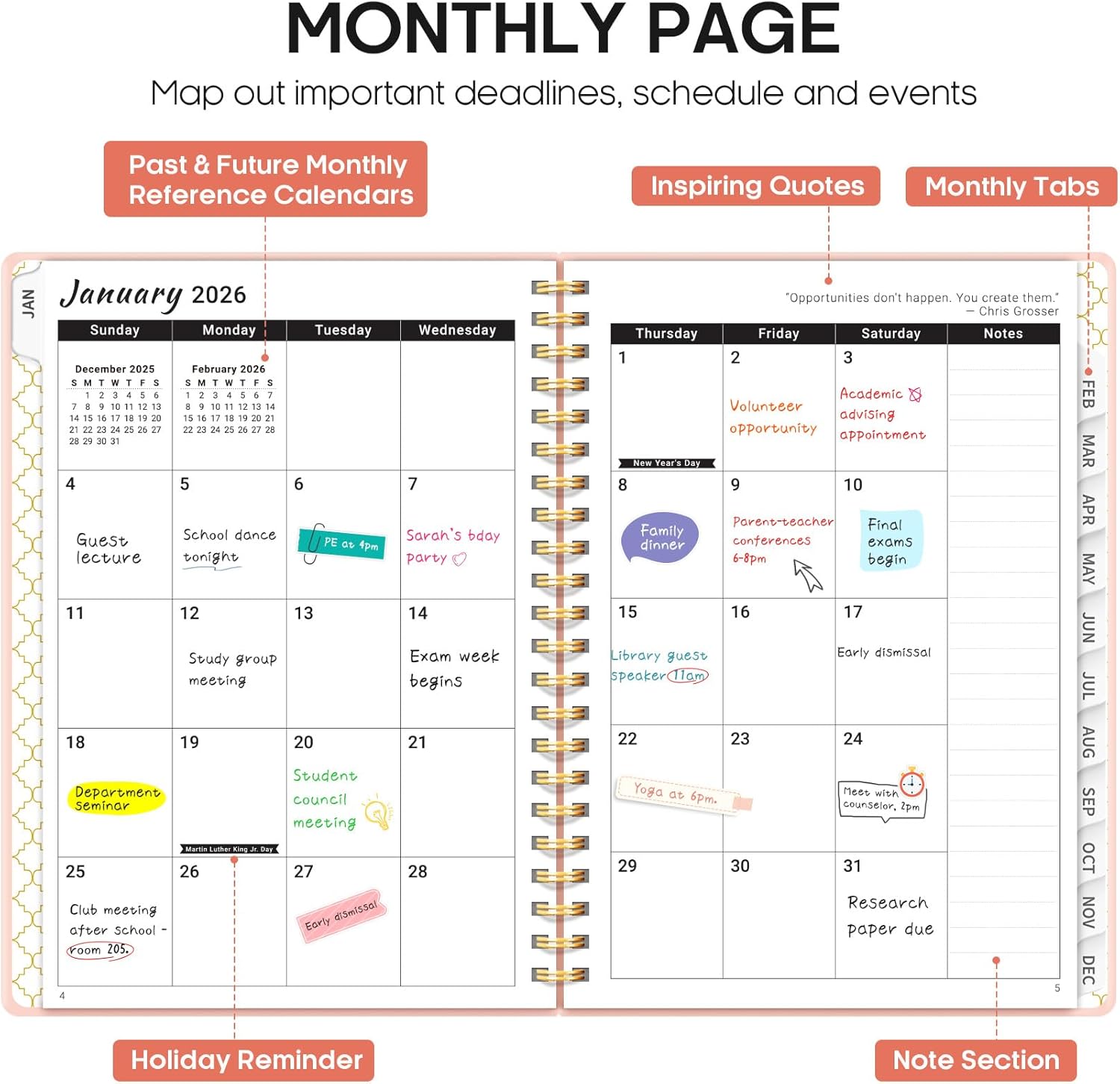 2026 Planner, Weekly and Monthly Calendar Planner, January 2026 - December 2026, Hardcover 2026 Calendar Book with Tabs For Women & Men, Inner Pocket, Spiral Bound, Perfect for Office Home School Supplies - A4 (8.5" x 11"), Pink - Image 2