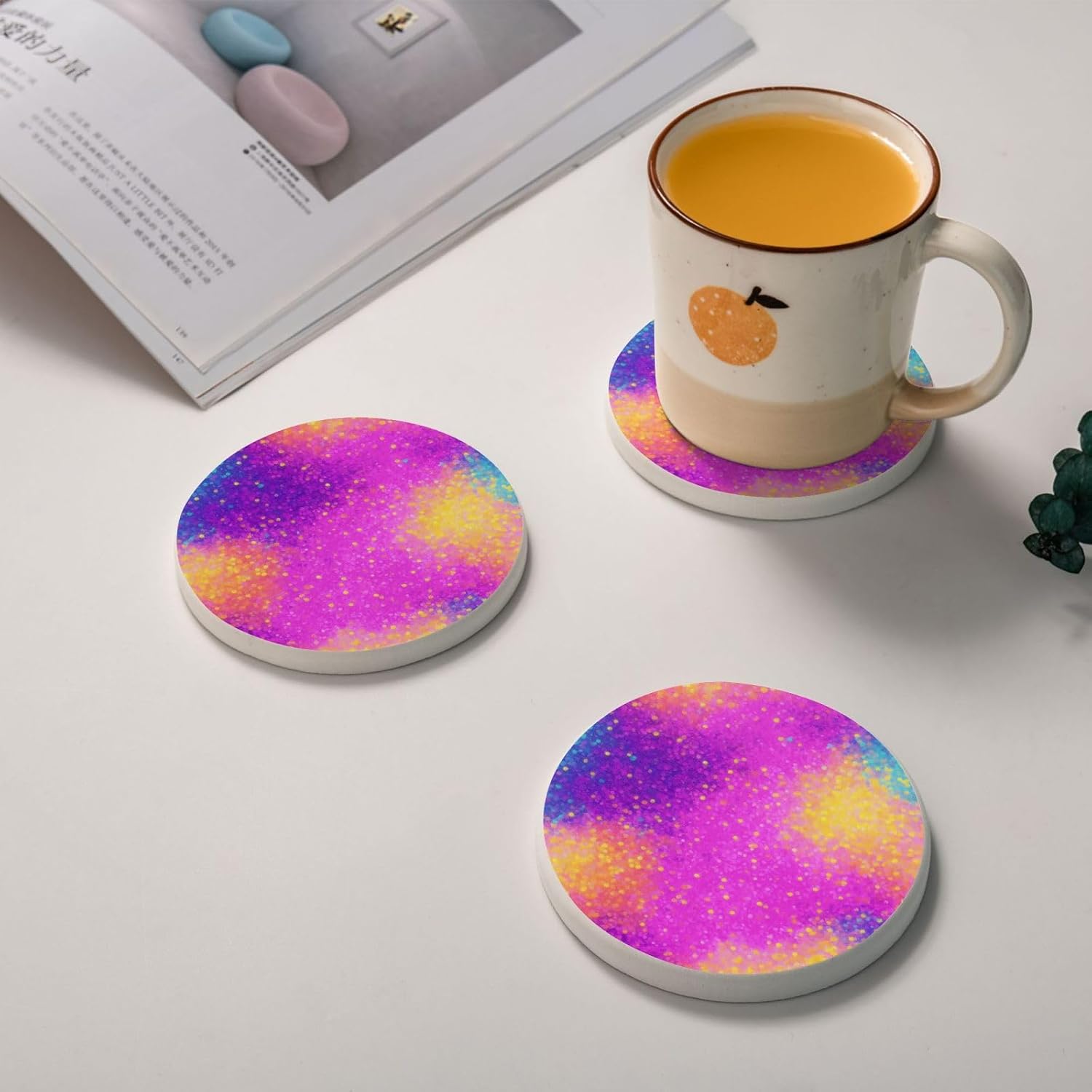 Coasters Set of 4 for Coffee Table Quick Dry Diatomite Coasters for Drinks, Diatomaceous Earth Coasters, Home Essentials & Decor Gifts - Colorful Starlight Printed image 2