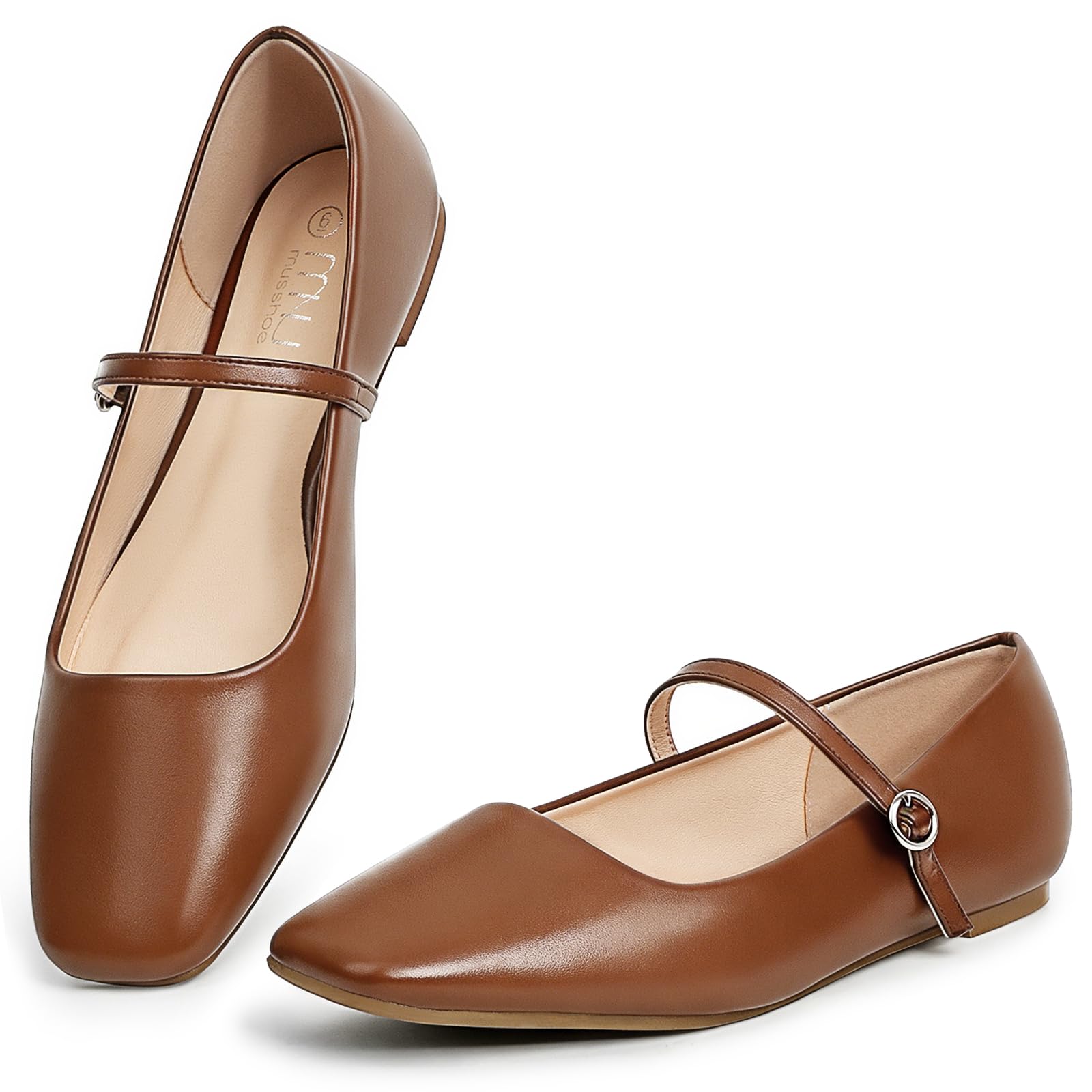MUSSHOE Square Toe Mary Jane Flats for Women: Comfortable Non-Slip Dressy Business Casual Shoes with Adjustable Strap for Office Work