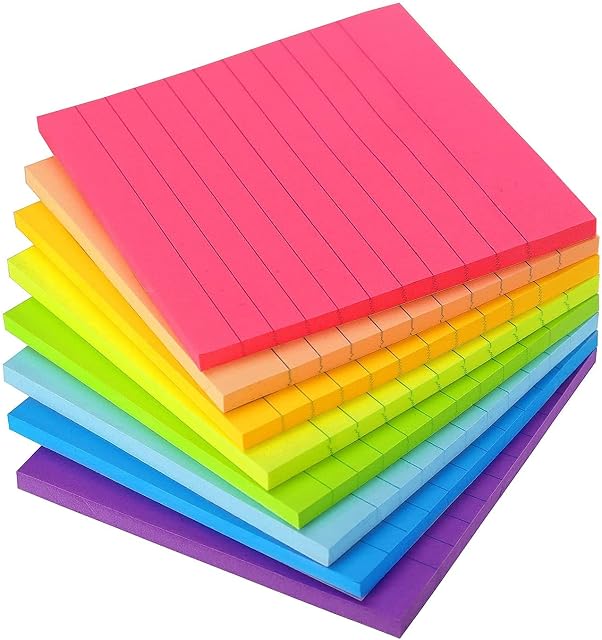 Early Buy Lined Sticky Notes with Lines 4x4 Self-Stick Notes 8 Bright Color 8 Pads, 50 Sheets/Pad
