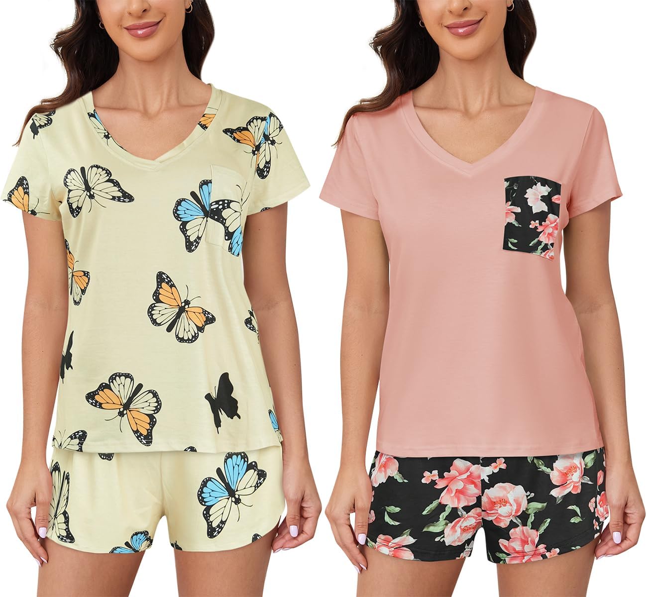 VENTELAN 2 Pack Womens Pajama Sets Short Sleeve Tops with Shorts Comfy Pjs Casual Lounge Sleepwear Sets S-2XL