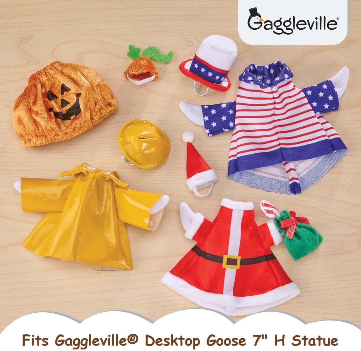 Fox Valley Traders Gaggleville 7" Desktop Goose Figurine with All Seasons Outfit Bundle – Includes 4 Adorable Seasonal Costumes for Spring, Summer, Fall & Winter – Fun Indoor Décor & Gift Idea
