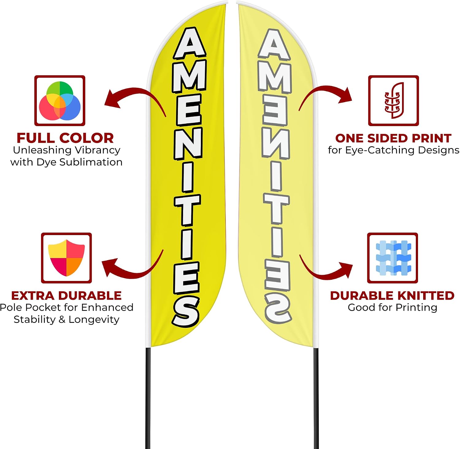 Amenities Sign feather flag for Outdoor by Mavis Printing | 11.5 FEET Long Polyester Outdoor Banner Flag for Easy Hang | HD Print Swooper I Flag Only to Advertise Real Estate BusinessI Flag Only