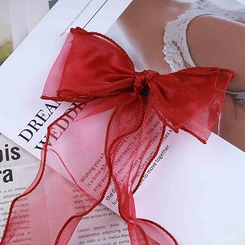 Miniatura 7 de Allereyae Clip de pelo de lazo largo de seda vintage con lazo de malla para la cabeza accesorio de seda para mujeres y niñas rojo