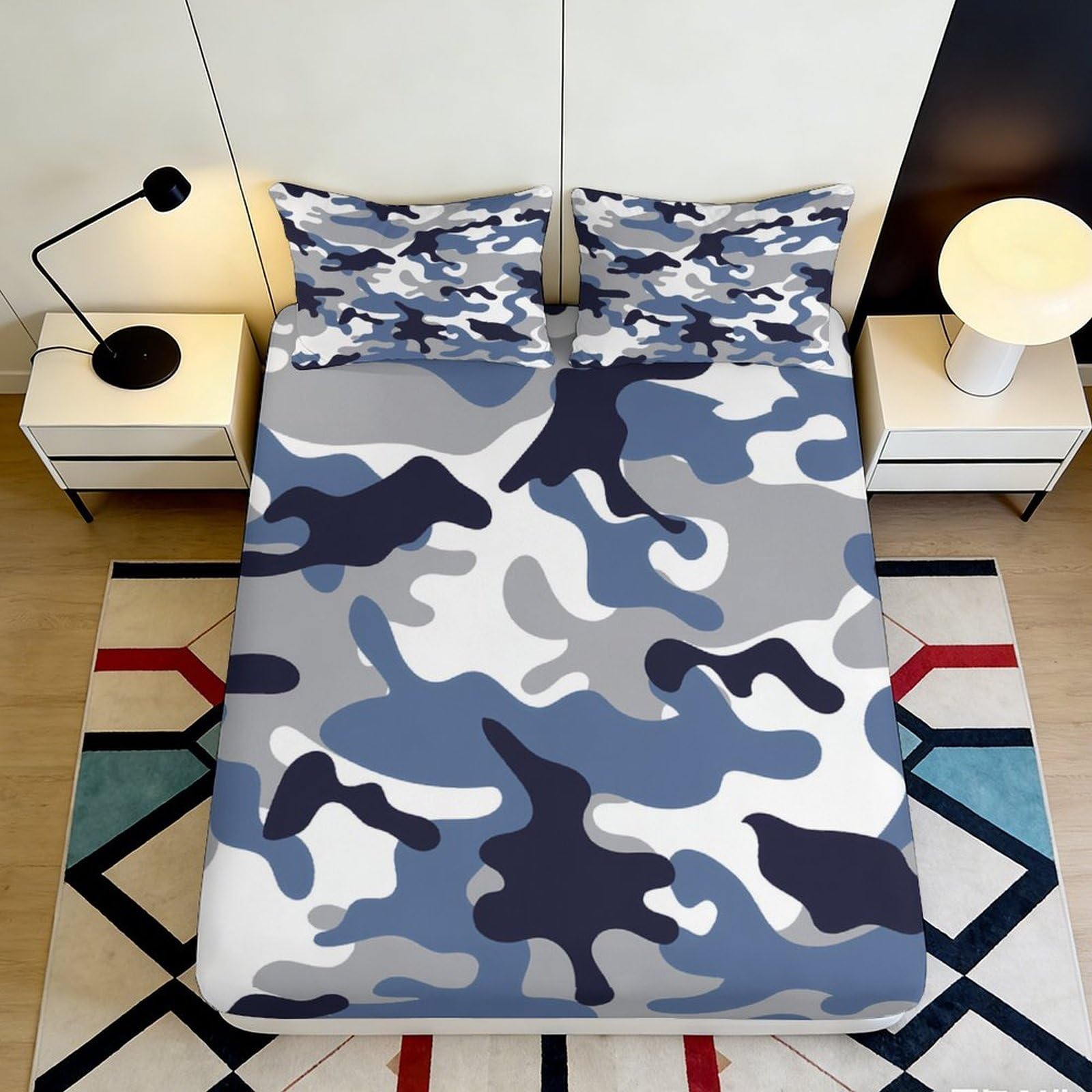3D Printed Blue Camouflage Fitted Sheet Microfiber Soft Breathable Grey Camo Mattress Cover for Bedroom Dorm Apartment Decor 90x200x25cm