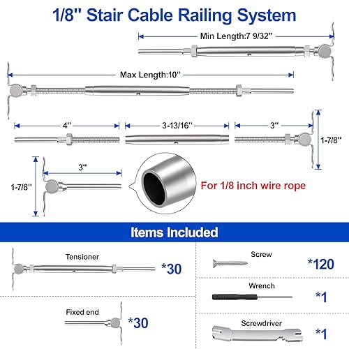 Miniatura 2 de RailinGo 30 pares de herrajes para barandillas de cable de 18 pulgadas, sistema de barandilla de cable de cubierta de escaleras de ángulo ajustable