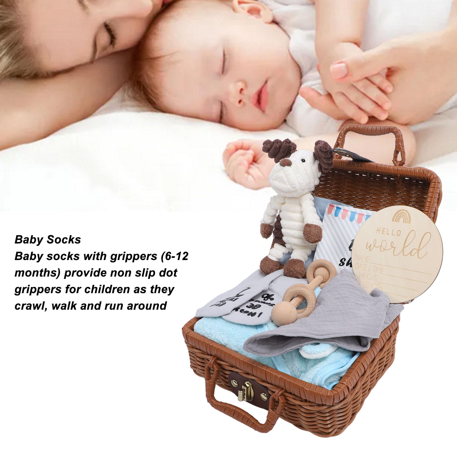 Jiawu Noworodek Prezenty na Baby Shower Zestaw Koszy dla Dziewczynek Chłopcy - Zawiera Urocze Ubranka dla Lalki Śliniaki Skarpetki Grzechotka Drewniana Zabawka i Kartka z życzeniami - Miękki Ręcznik