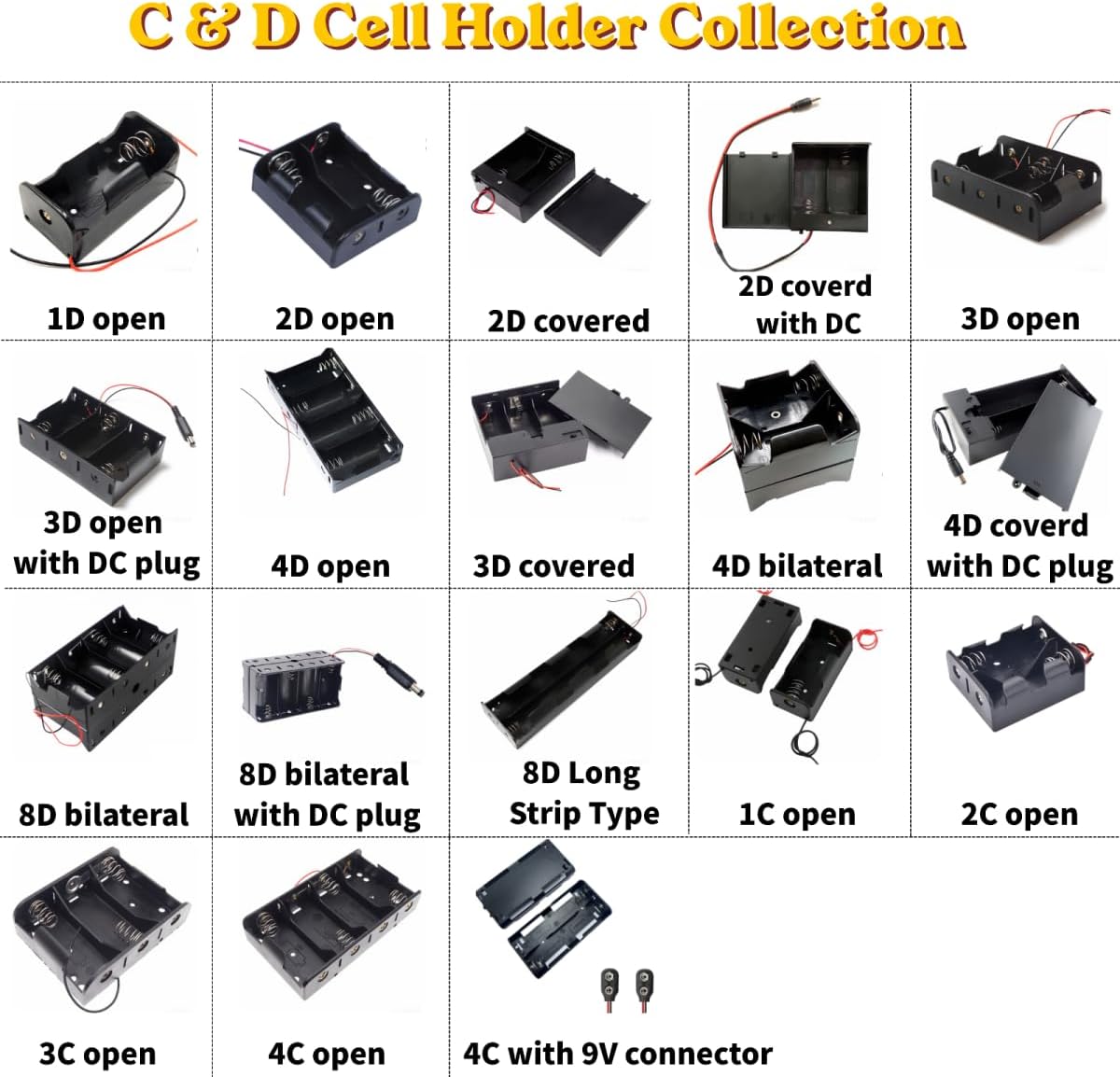 2Pcs Battery Holder for 4 x C Cell and 6V Snap Wire Leads Kit, 4-Slot 6V C Size Battery Power Case for Circuit DIY and DC Equipment