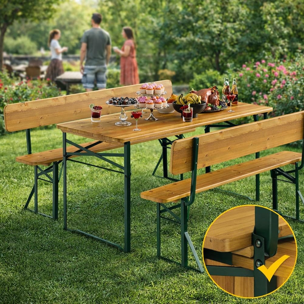 BAKAJI Set 3 Pezzi Birreria con Tavolo Pieghevole e Panche da Esterno, Struttura in Acciaio Comoda, Seduta Ergonomica e Resistente, Ideale per Giardino, Bar, Campeggio, Sagra (170 cm con Schienale)